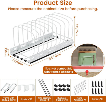 Pull Out Baking Tray and Cookie Sheet Cutting Board Organizer | 13"-22" Expandable, 21.5" Deep, 8 Adjustable Dividers, Slide Rail Design, Stainless Steel Structure, Adhesive/Screw Fixing