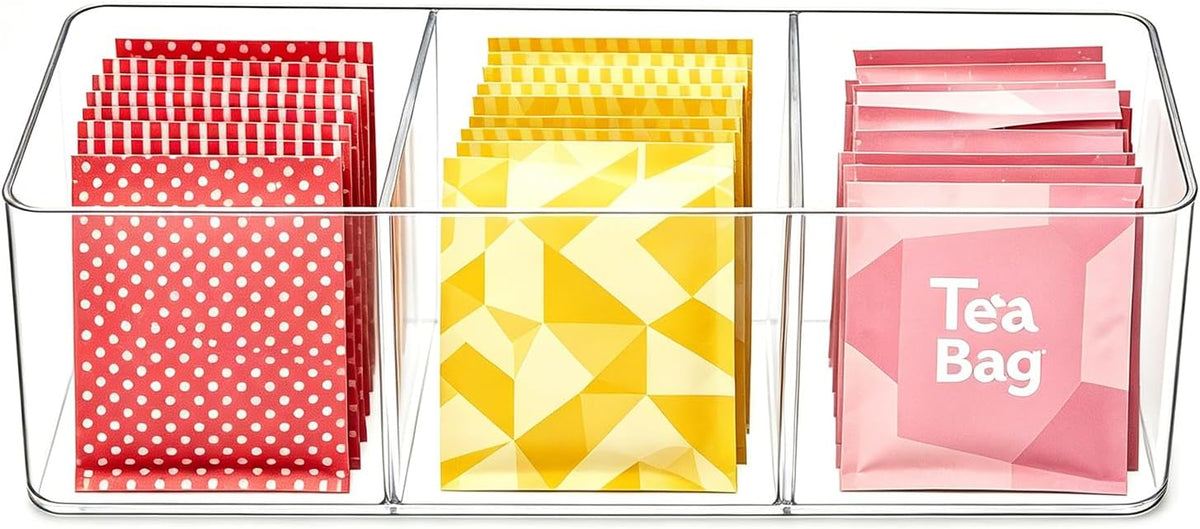 Tea Bag Organizer Holds 60 Bags, 3 Compartments Clear Acrylic, Wall Mount or Countertop Tea Bag Holder for Cabinet Door, Kitchen Pantry and Desk Storage, Tea Caddy with Adhesive Hooks