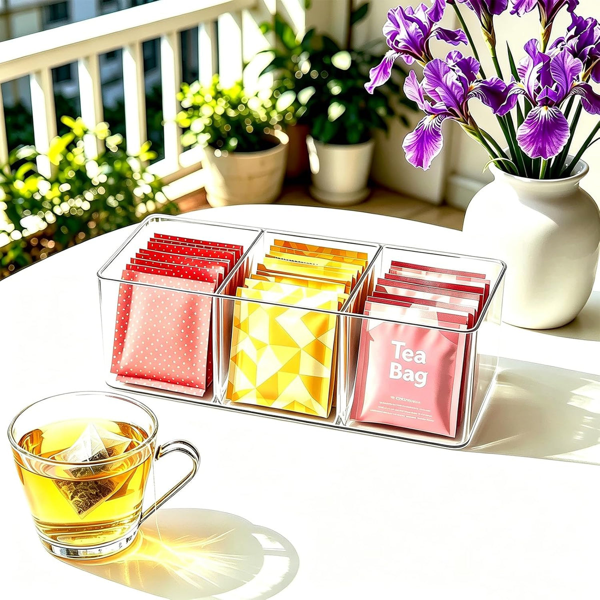 Tea Bag Organizer Holds 60 Bags, 3 Compartments Clear Acrylic, Wall Mount or Countertop Tea Bag Holder for Cabinet Door, Kitchen Pantry and Desk Storage, Tea Caddy with Adhesive Hooks