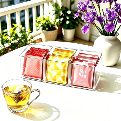 Tea Bag Organizer Holds 60 Bags, 3 Compartments Clear Acrylic, Wall Mount or Countertop Tea Bag Holder for Cabinet Door, Kitchen Pantry and Desk Storage, Tea Caddy with Adhesive Hooks