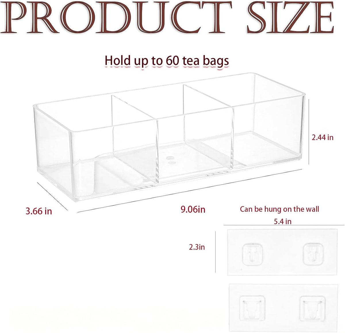 Tea Bag Organizer Holds 60 Bags, 3 Compartments Clear Acrylic, Wall Mount or Countertop Tea Bag Holder for Cabinet Door, Kitchen Pantry and Desk Storage, Tea Caddy with Adhesive Hooks