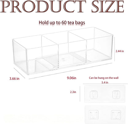 Tea Bag Organizer Holds 60 Bags, 3 Compartments Clear Acrylic, Wall Mount or Countertop Tea Bag Holder for Cabinet Door, Kitchen Pantry and Desk Storage, Tea Caddy with Adhesive Hooks