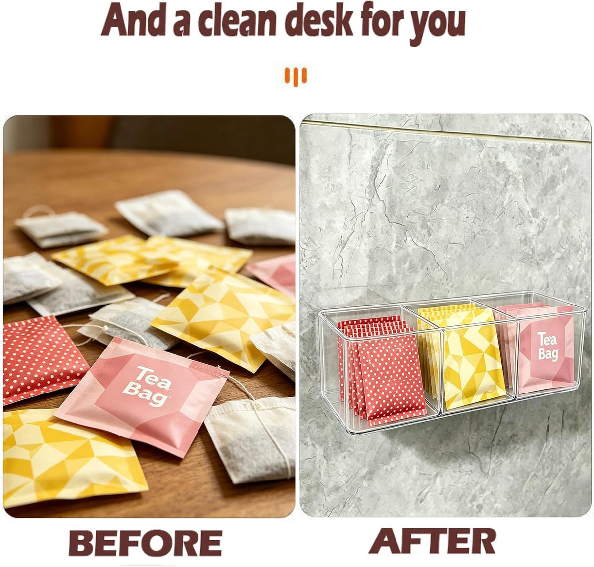 Tea Bag Organizer Holds 60 Bags, 3 Compartments Clear Acrylic, Wall Mount or Countertop Tea Bag Holder for Cabinet Door, Kitchen Pantry and Desk Storage, Tea Caddy with Adhesive Hooks