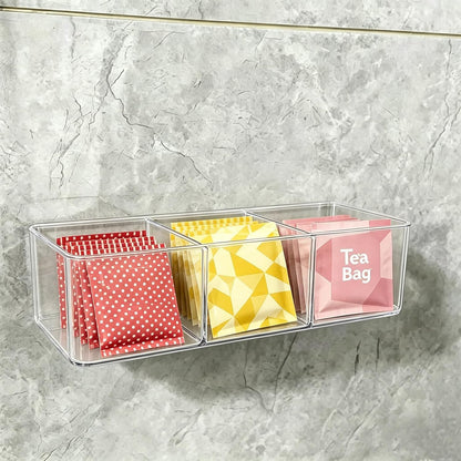 Tea Bag Organizer Holds 60 Bags, 3 Compartments Clear Acrylic, Wall Mount or Countertop Tea Bag Holder for Cabinet Door, Kitchen Pantry and Desk Storage, Tea Caddy with Adhesive Hooks