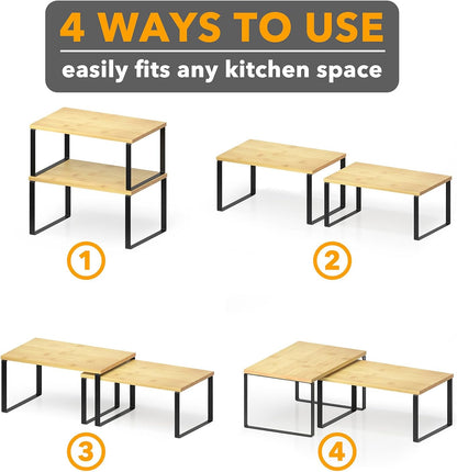 Cabinet Shelf Organizers 2 Pack, Kitchen Counter Rack Shelves Riser, Stackable Expandable Spice Rack, Pantry Cupboard Storage Organization (Black and Natural, Short)