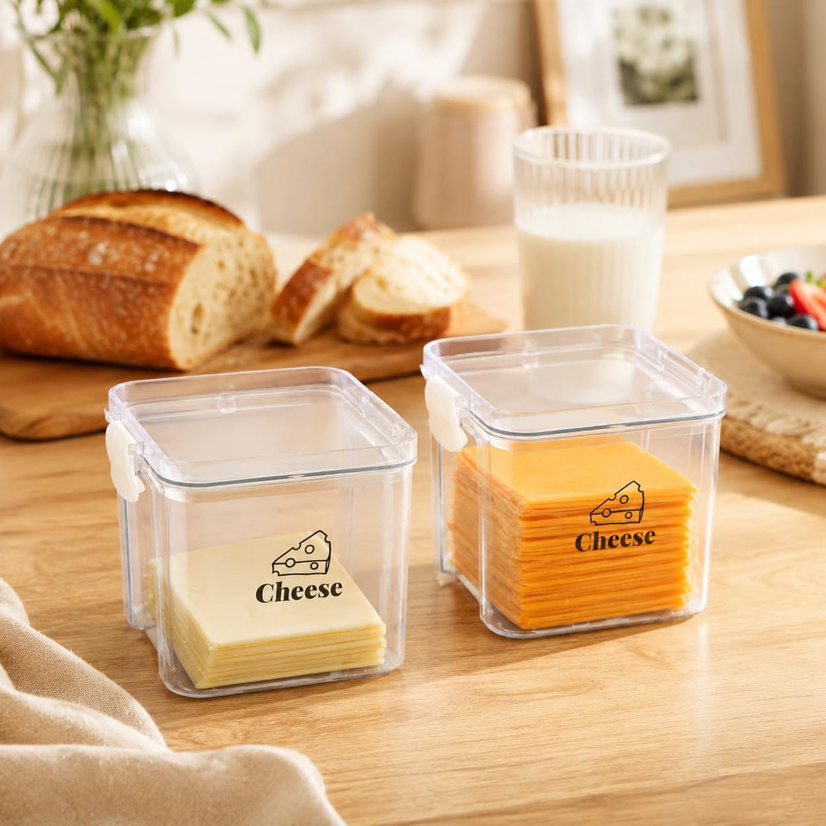 2 Pack Cheese Container for Refrigerator Airtight Creamer Container with and Lid Cream Cheese Sliced Cheese Box Cheese Saver for Fridge Keeper Cream Block Shredded Cheese Storage Box Clear