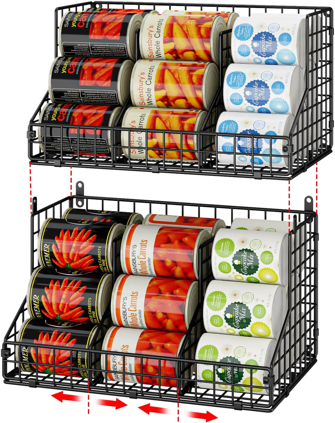 Stackable Can Rack Organizer for Pantry Storage,Can Dispensers with 4 Adjustable Dividers, 2-Tier Metal Wire Basket Beverage Pop Soda Rack for Kitchen Cabinet Pantry, Black