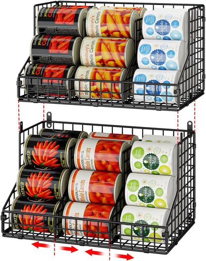 Stackable Can Rack Organizer for Pantry Storage,Can Dispensers with 4 Adjustable Dividers, 2-Tier Metal Wire Basket Beverage Pop Soda Rack for Kitchen Cabinet Pantry, Black