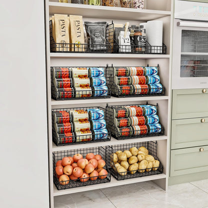 Stackable Can Rack Organizer for Pantry Storage,Can Dispensers with 4 Adjustable Dividers, 2-Tier Metal Wire Basket Beverage Pop Soda Rack for Kitchen Cabinet Pantry, Black