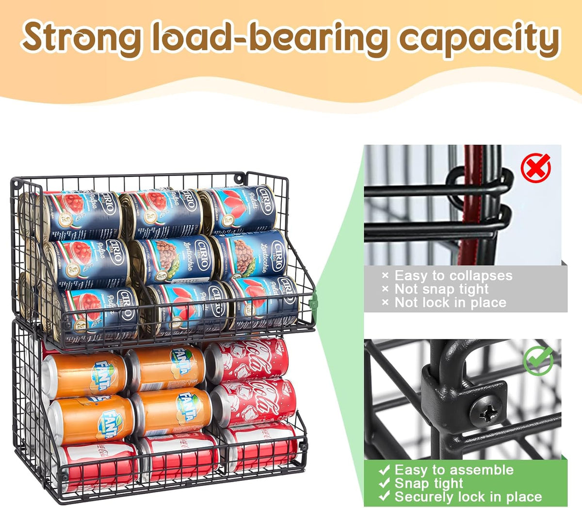 Stackable Can Rack Organizer for Pantry Storage,Can Dispensers with 4 Adjustable Dividers, 2-Tier Metal Wire Basket Beverage Pop Soda Rack for Kitchen Cabinet Pantry, Black