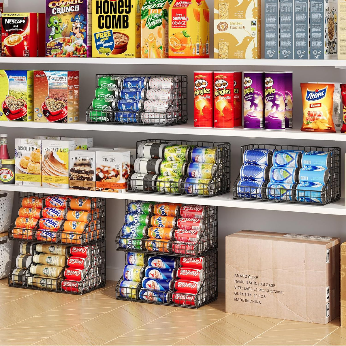 Stackable Can Rack Organizer for Pantry Storage,Can Dispensers with 4 Adjustable Dividers, 2-Tier Metal Wire Basket Beverage Pop Soda Rack for Kitchen Cabinet Pantry, Black