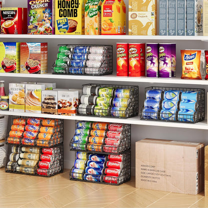 Stackable Can Rack Organizer for Pantry Storage,Can Dispensers with 4 Adjustable Dividers, 2-Tier Metal Wire Basket Beverage Pop Soda Rack for Kitchen Cabinet Pantry, Black