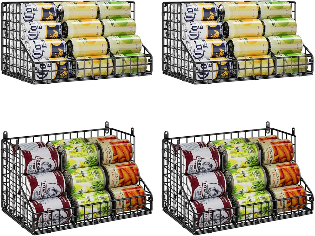 Stackable Can Rack Organizer for Pantry Storage,Can Dispensers with 4 Adjustable Dividers, 2-Tier Metal Wire Basket Beverage Pop Soda Rack for Kitchen Cabinet Pantry, Black