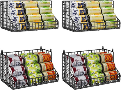 Stackable Can Rack Organizer for Pantry Storage,Can Dispensers with 4 Adjustable Dividers, 2-Tier Metal Wire Basket Beverage Pop Soda Rack for Kitchen Cabinet Pantry, Black