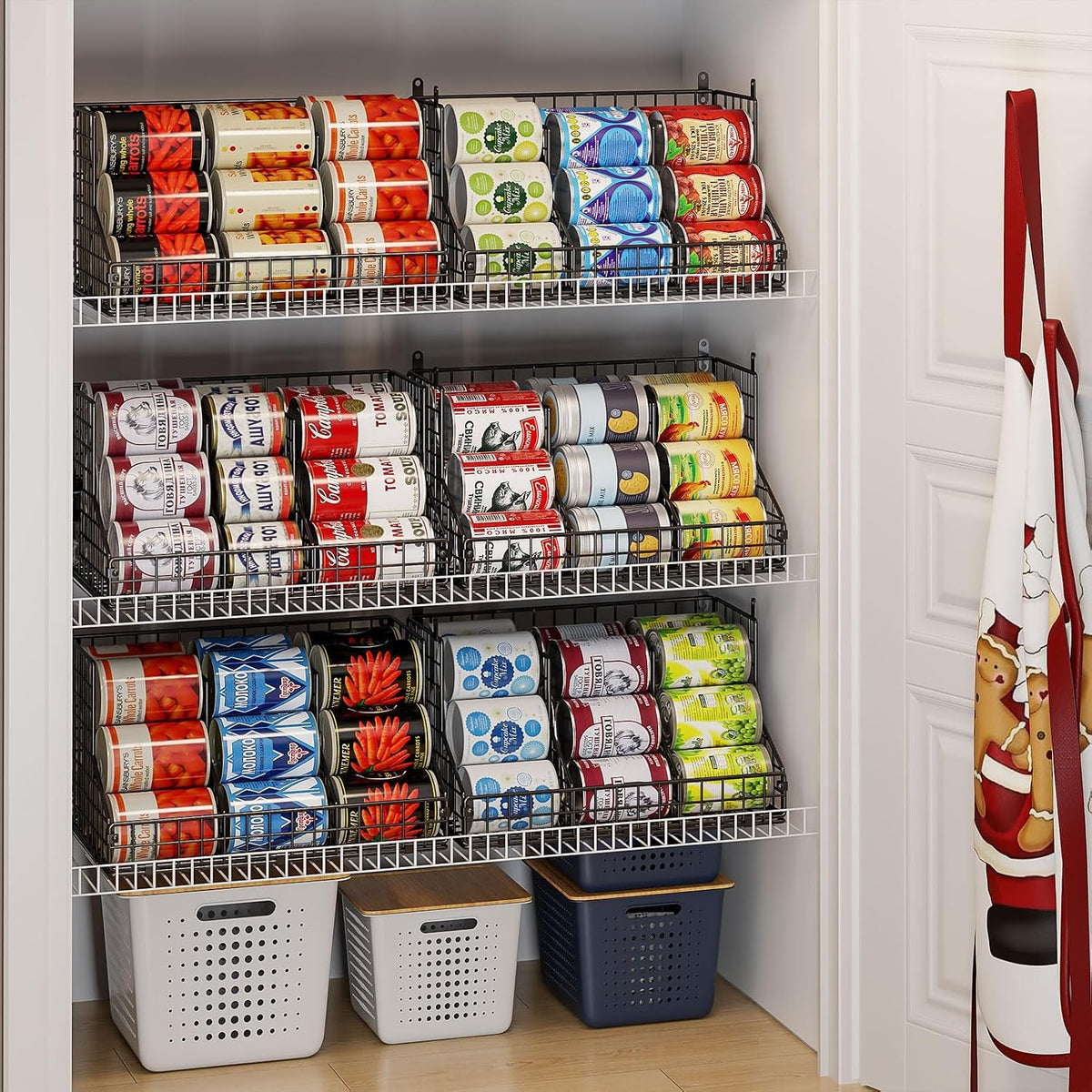 Stackable Can Rack Organizer for Pantry Storage,Can Dispensers with 4 Adjustable Dividers, 2-Tier Metal Wire Basket Beverage Pop Soda Rack for Kitchen Cabinet Pantry, Black