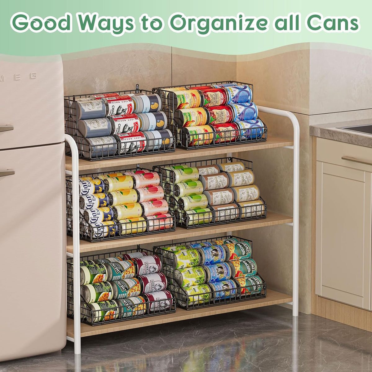 Stackable Can Rack Organizer for Pantry Storage,Can Dispensers with 4 Adjustable Dividers, 2-Tier Metal Wire Basket Beverage Pop Soda Rack for Kitchen Cabinet Pantry, Black