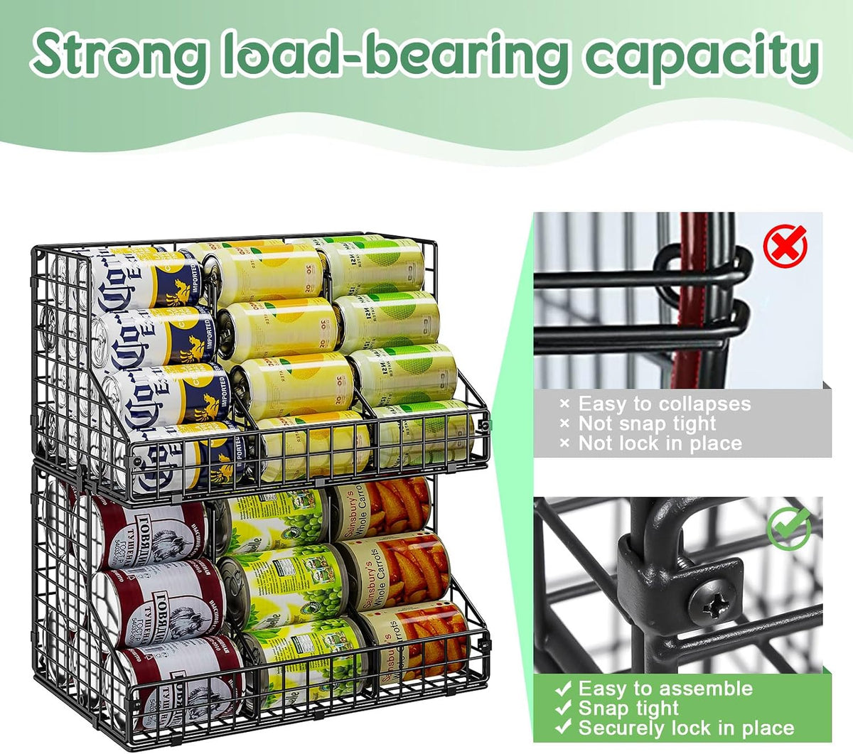 Stackable Can Rack Organizer for Pantry Storage,Can Dispensers with 4 Adjustable Dividers, 2-Tier Metal Wire Basket Beverage Pop Soda Rack for Kitchen Cabinet Pantry, Black