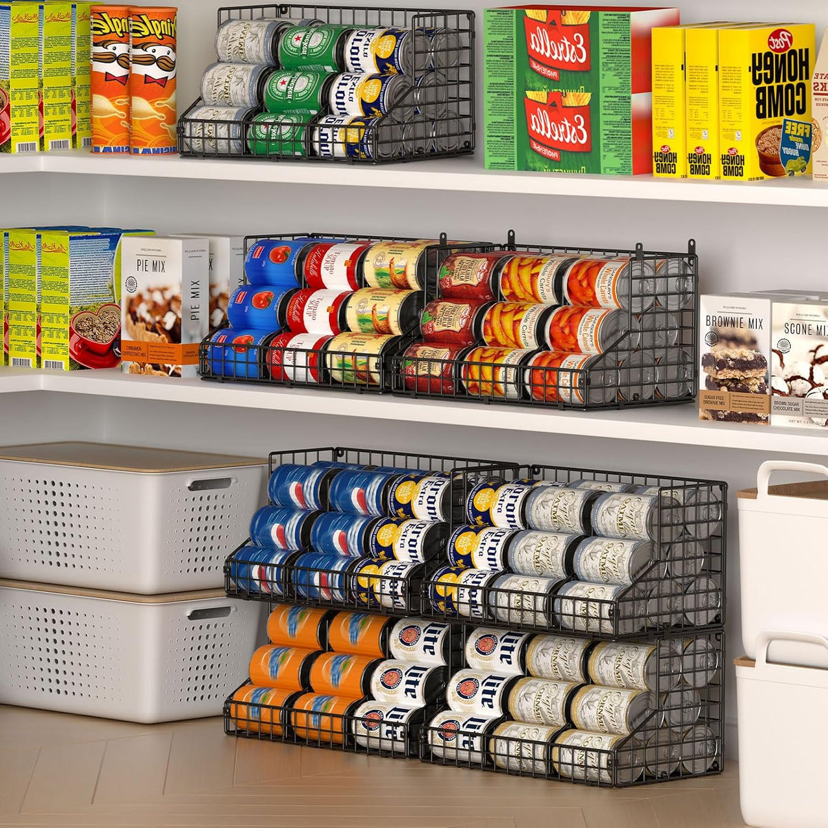 Stackable Can Rack Organizer for Pantry Storage,Can Dispensers with 4 Adjustable Dividers, 2-Tier Metal Wire Basket Beverage Pop Soda Rack for Kitchen Cabinet Pantry, Black