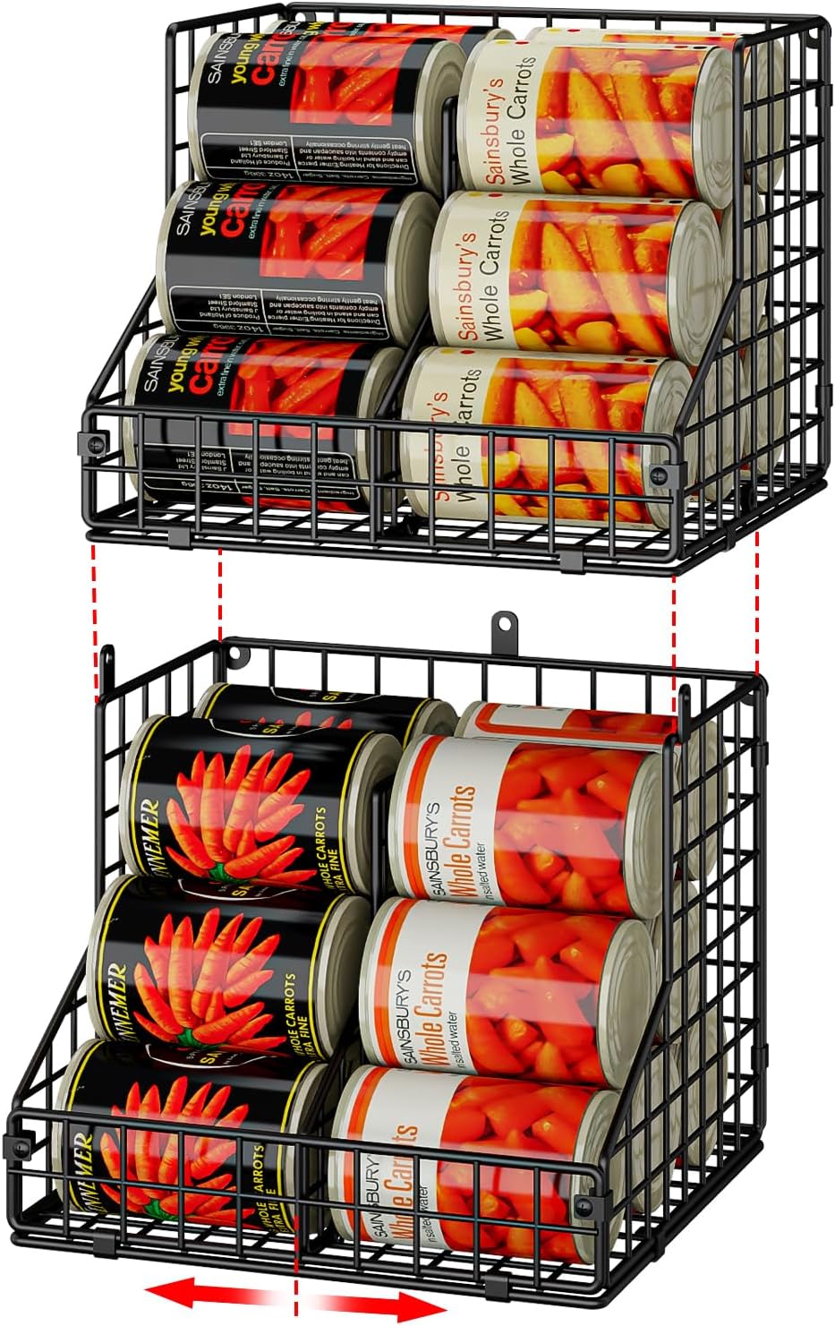 Stackable Can Rack Organizer for Pantry Storage,Can Dispensers with 4 Adjustable Dividers, 2-Tier Metal Wire Basket Beverage Pop Soda Rack for Kitchen Cabinet Pantry, Black