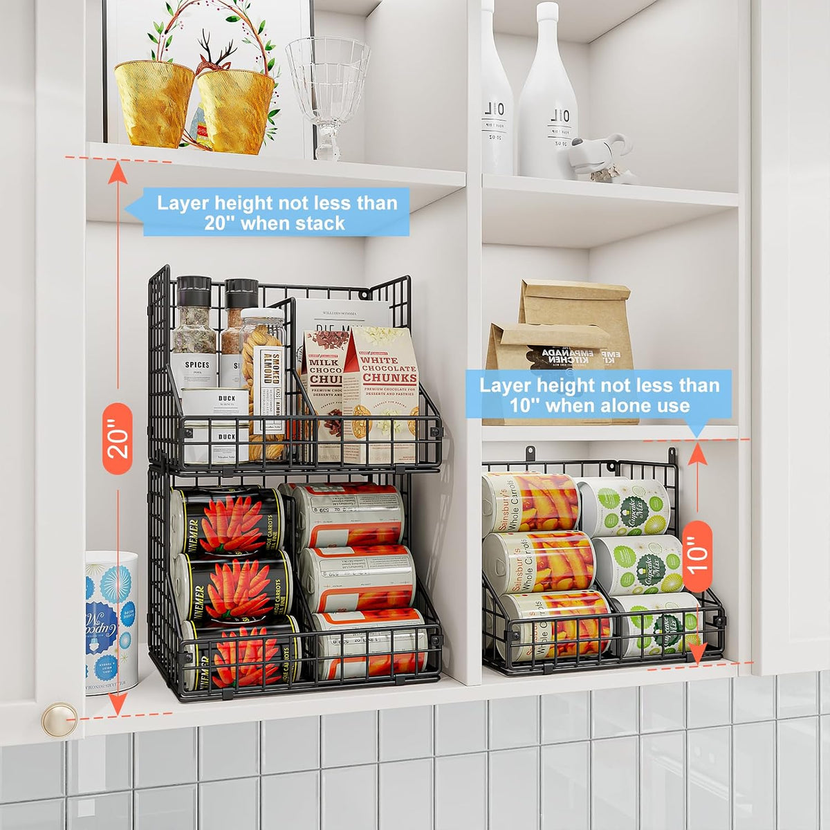 Stackable Can Rack Organizer for Pantry Storage,Can Dispensers with 4 Adjustable Dividers, 2-Tier Metal Wire Basket Beverage Pop Soda Rack for Kitchen Cabinet Pantry, Black