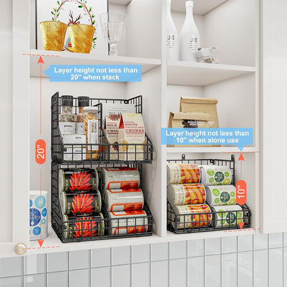 Stackable Can Rack Organizer for Pantry Storage,Can Dispensers with 4 Adjustable Dividers, 2-Tier Metal Wire Basket Beverage Pop Soda Rack for Kitchen Cabinet Pantry, Black
