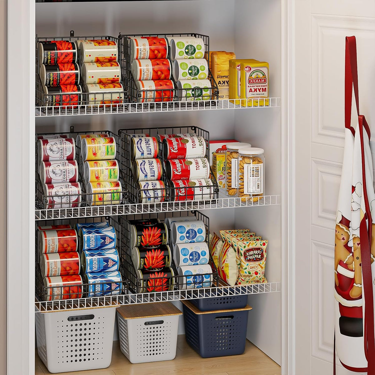 Stackable Can Rack Organizer for Pantry Storage,Can Dispensers with 4 Adjustable Dividers, 2-Tier Metal Wire Basket Beverage Pop Soda Rack for Kitchen Cabinet Pantry, Black