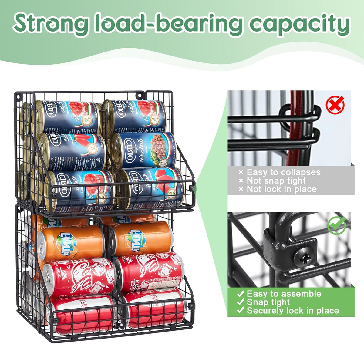 Stackable Can Rack Organizer for Pantry Storage,Can Dispensers with 4 Adjustable Dividers, 2-Tier Metal Wire Basket Beverage Pop Soda Rack for Kitchen Cabinet Pantry, Black