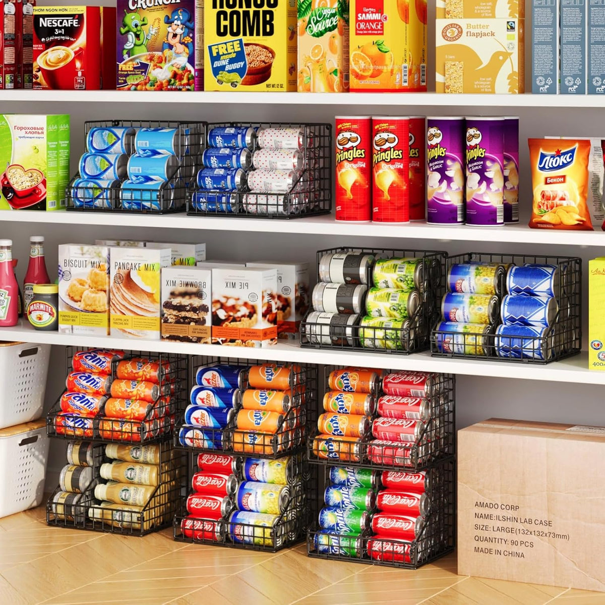 Stackable Can Rack Organizer for Pantry Storage,Can Dispensers with 4 Adjustable Dividers, 2-Tier Metal Wire Basket Beverage Pop Soda Rack for Kitchen Cabinet Pantry, Black