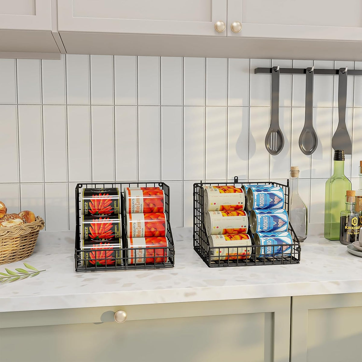 Stackable Can Rack Organizer for Pantry Storage,Can Dispensers with 4 Adjustable Dividers, 2-Tier Metal Wire Basket Beverage Pop Soda Rack for Kitchen Cabinet Pantry, Black