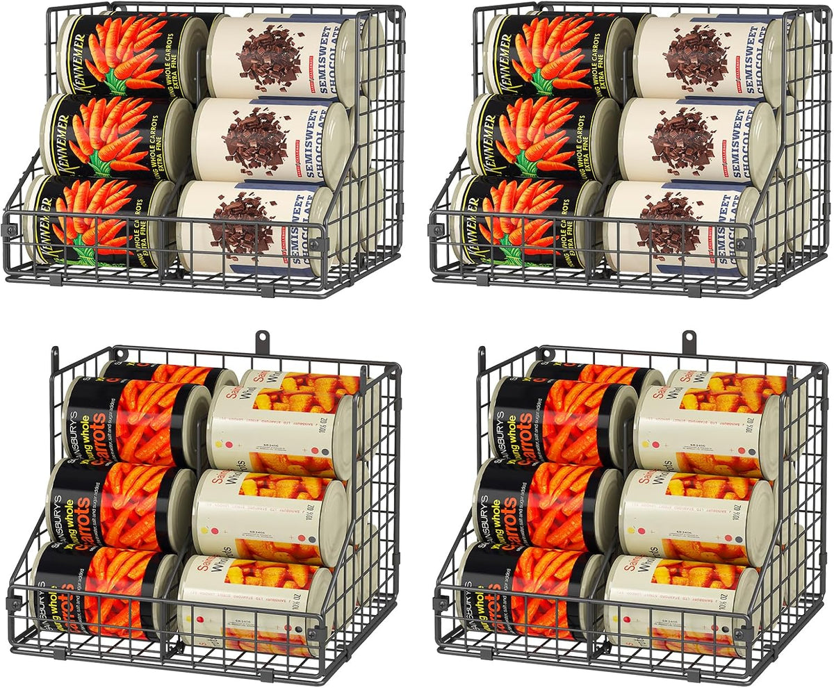 Stackable Can Rack Organizer for Pantry Storage,Can Dispensers with 4 Adjustable Dividers, 2-Tier Metal Wire Basket Beverage Pop Soda Rack for Kitchen Cabinet Pantry, Black