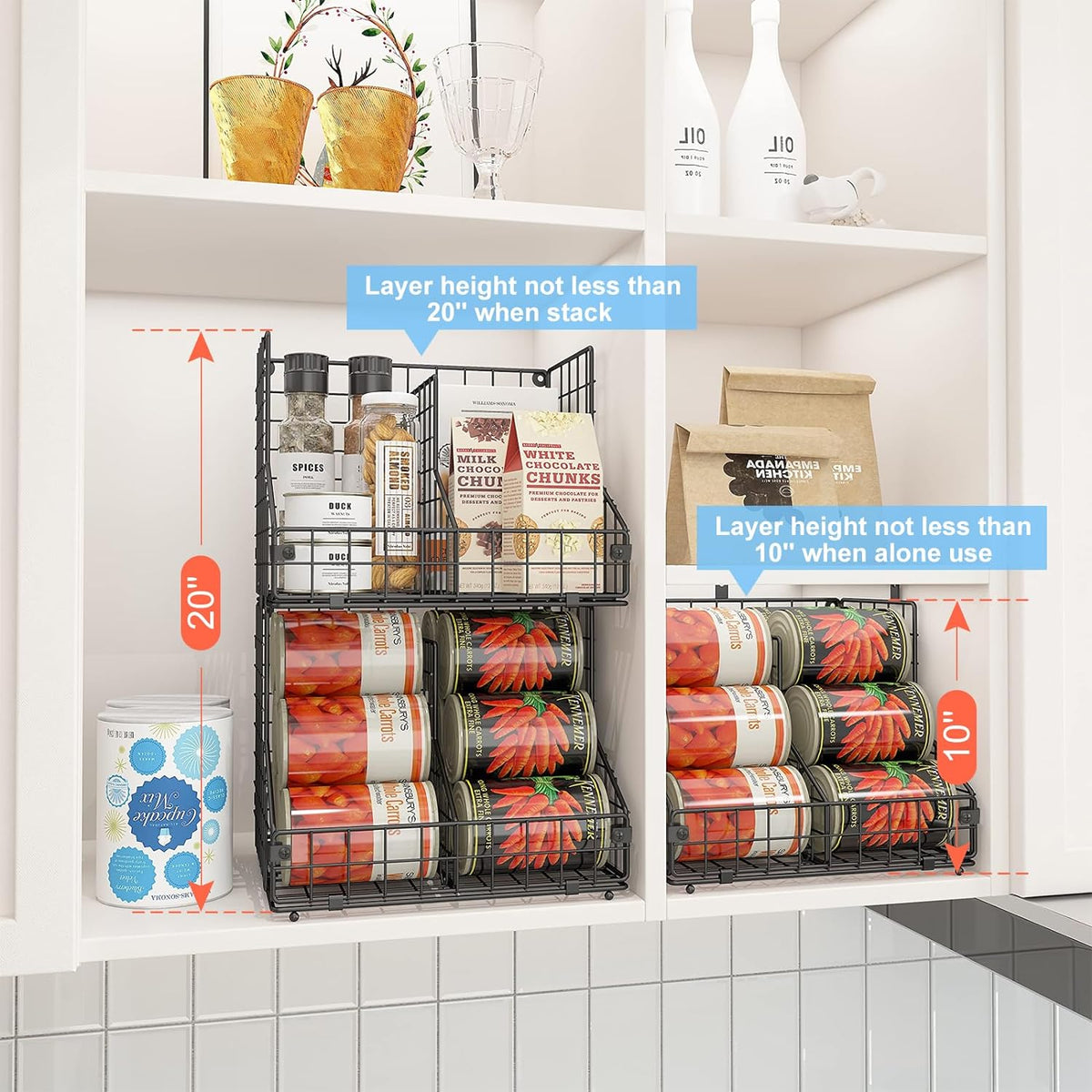 Stackable Can Rack Organizer for Pantry Storage,Can Dispensers with 4 Adjustable Dividers, 2-Tier Metal Wire Basket Beverage Pop Soda Rack for Kitchen Cabinet Pantry, Black