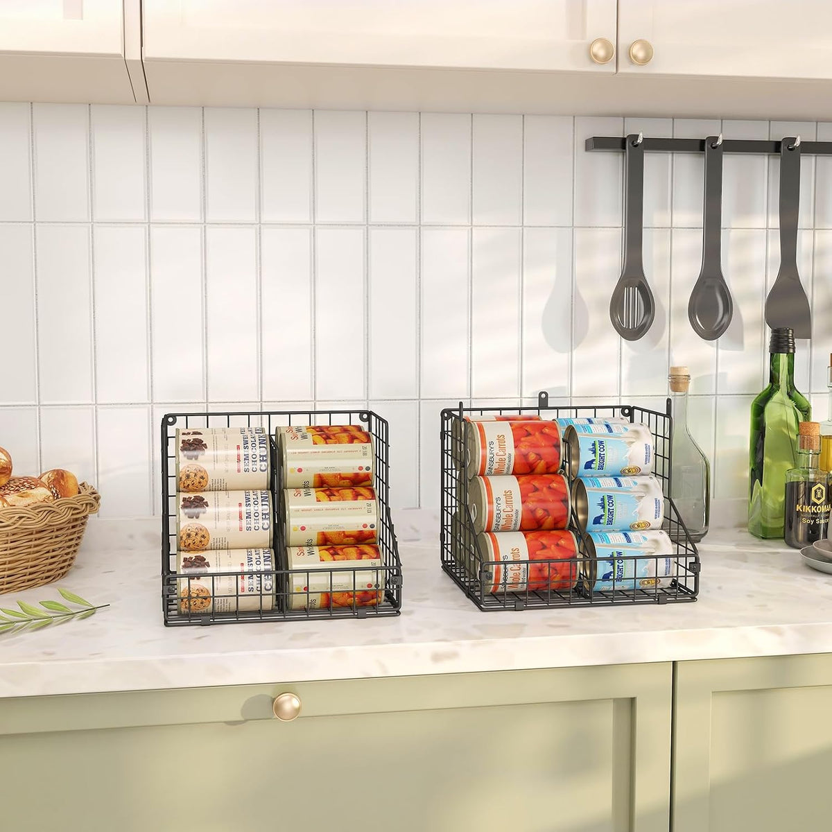 Stackable Can Rack Organizer for Pantry Storage,Can Dispensers with 4 Adjustable Dividers, 2-Tier Metal Wire Basket Beverage Pop Soda Rack for Kitchen Cabinet Pantry, Black