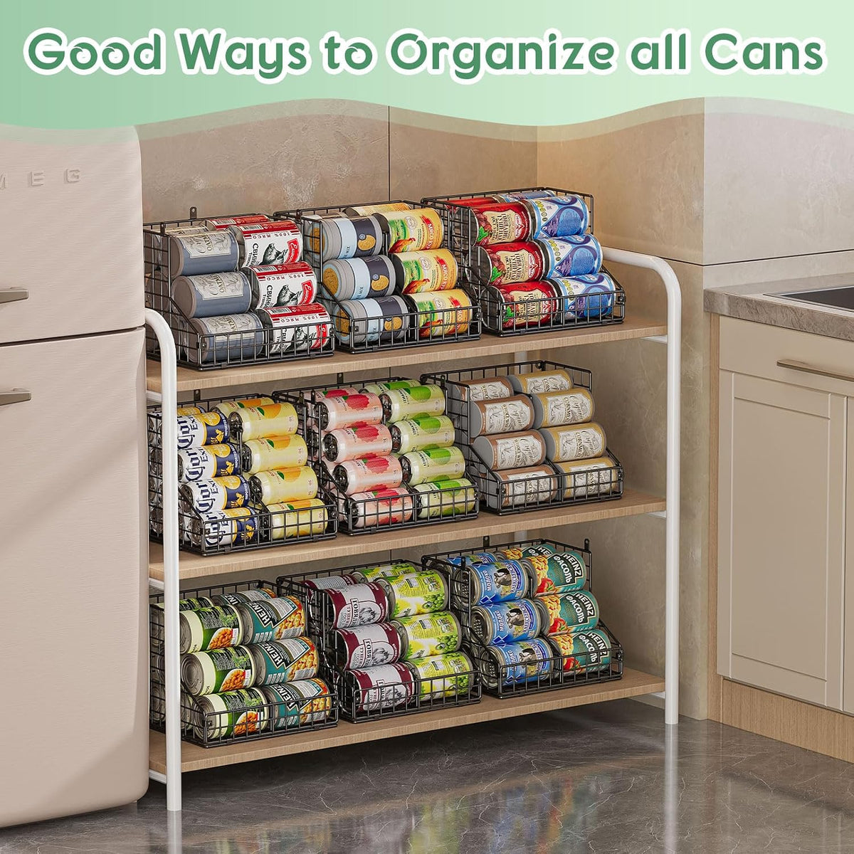 Stackable Can Rack Organizer for Pantry Storage,Can Dispensers with 4 Adjustable Dividers, 2-Tier Metal Wire Basket Beverage Pop Soda Rack for Kitchen Cabinet Pantry, Black