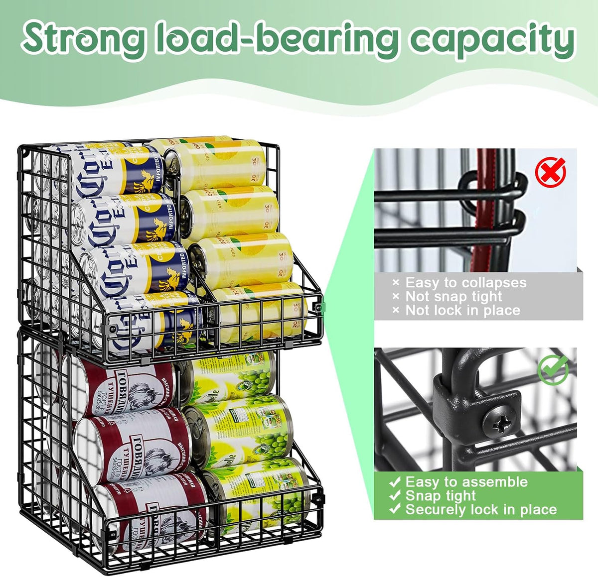 Stackable Can Rack Organizer for Pantry Storage,Can Dispensers with 4 Adjustable Dividers, 2-Tier Metal Wire Basket Beverage Pop Soda Rack for Kitchen Cabinet Pantry, Black