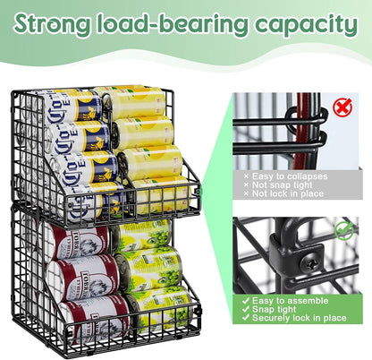 Stackable Can Rack Organizer for Pantry Storage,Can Dispensers with 4 Adjustable Dividers, 2-Tier Metal Wire Basket Beverage Pop Soda Rack for Kitchen Cabinet Pantry, Black