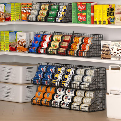 Stackable Can Rack Organizer for Pantry Storage,Can Dispensers with 4 Adjustable Dividers, 2-Tier Metal Wire Basket Beverage Pop Soda Rack for Kitchen Cabinet Pantry, Black