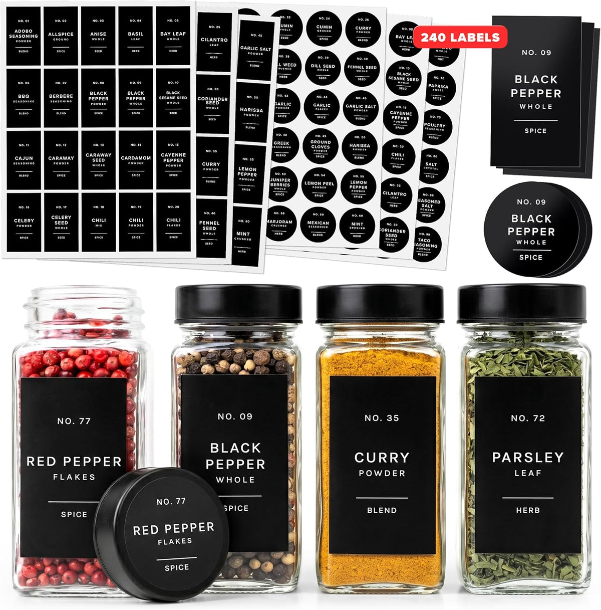 Minimalist Spice Jar Labels Self-Adhesive - 240 Stickers for Spice Jars, Spice Jars & Drawers, Round & Rectangular, Waterproof Spice Organiser Labels for Kitchen Organisation (Black)