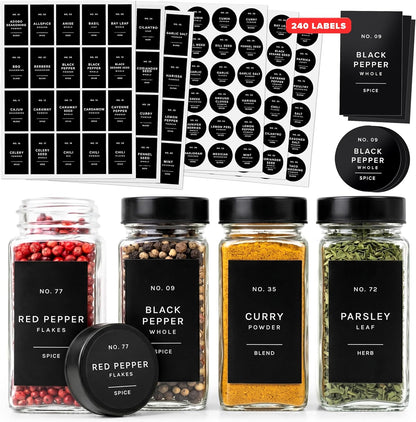 Minimalist Spice Jar Labels Self-Adhesive - 240 Stickers for Spice Jars, Spice Jars & Drawers, Round & Rectangular, Waterproof Spice Organiser Labels for Kitchen Organisation (Black)