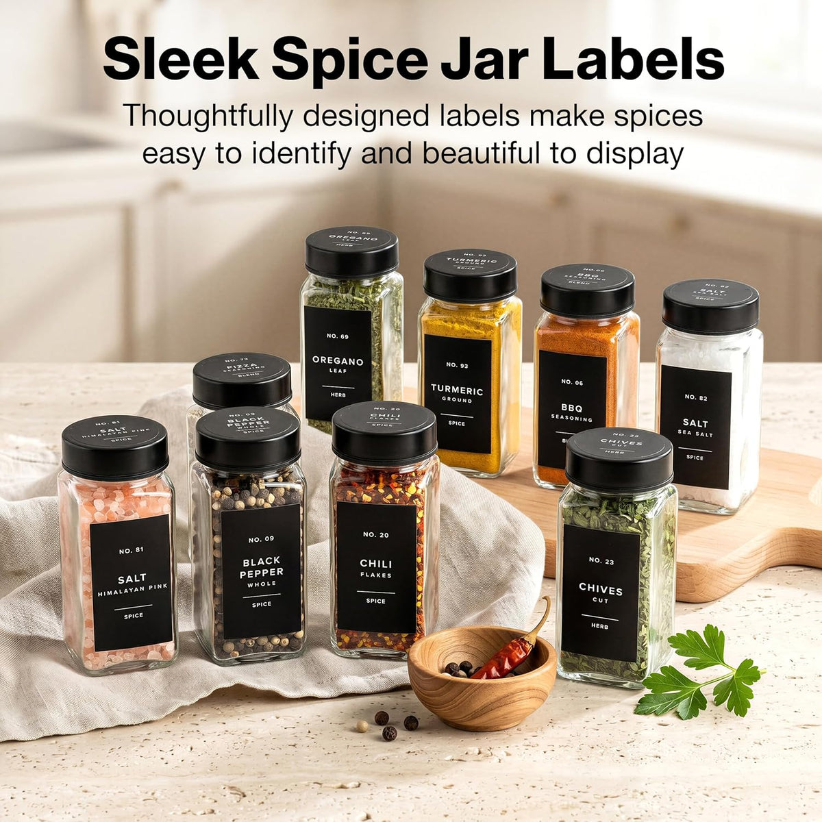 Minimalist Spice Jar Labels Self-Adhesive - 240 Stickers for Spice Jars, Spice Jars & Drawers, Round & Rectangular, Waterproof Spice Organiser Labels for Kitchen Organisation (Black)