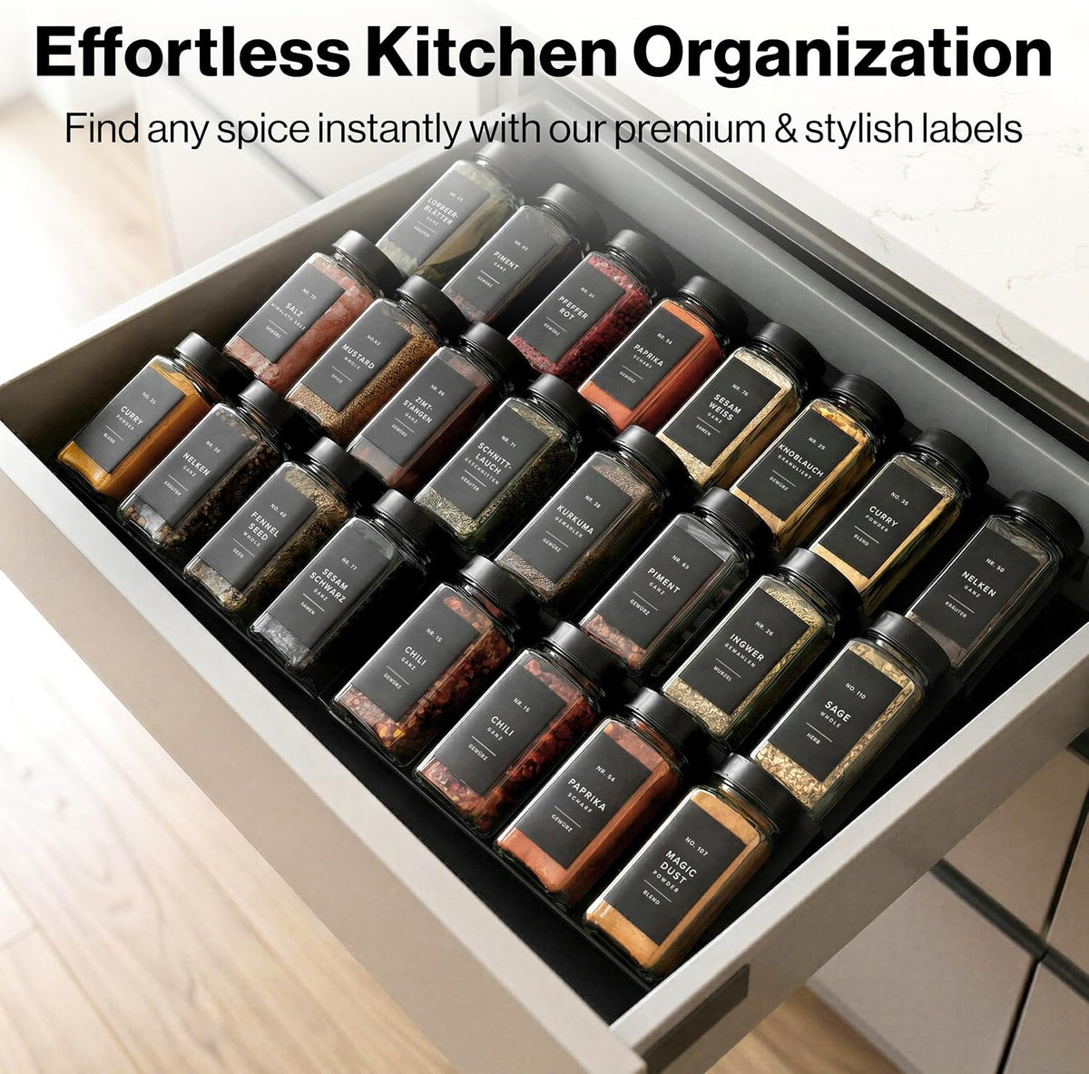 Minimalist Spice Jar Labels Self-Adhesive - 240 Stickers for Spice Jars, Spice Jars & Drawers, Round & Rectangular, Waterproof Spice Organiser Labels for Kitchen Organisation (Black)