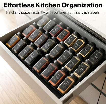 Minimalist Spice Jar Labels Self-Adhesive - 240 Stickers for Spice Jars, Spice Jars & Drawers, Round & Rectangular, Waterproof Spice Organiser Labels for Kitchen Organisation (Black)