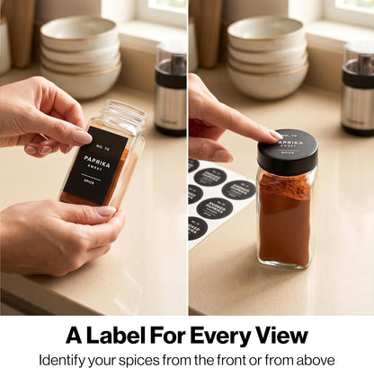Minimalist Spice Jar Labels Self-Adhesive - 240 Stickers for Spice Jars, Spice Jars & Drawers, Round & Rectangular, Waterproof Spice Organiser Labels for Kitchen Organisation (Black)