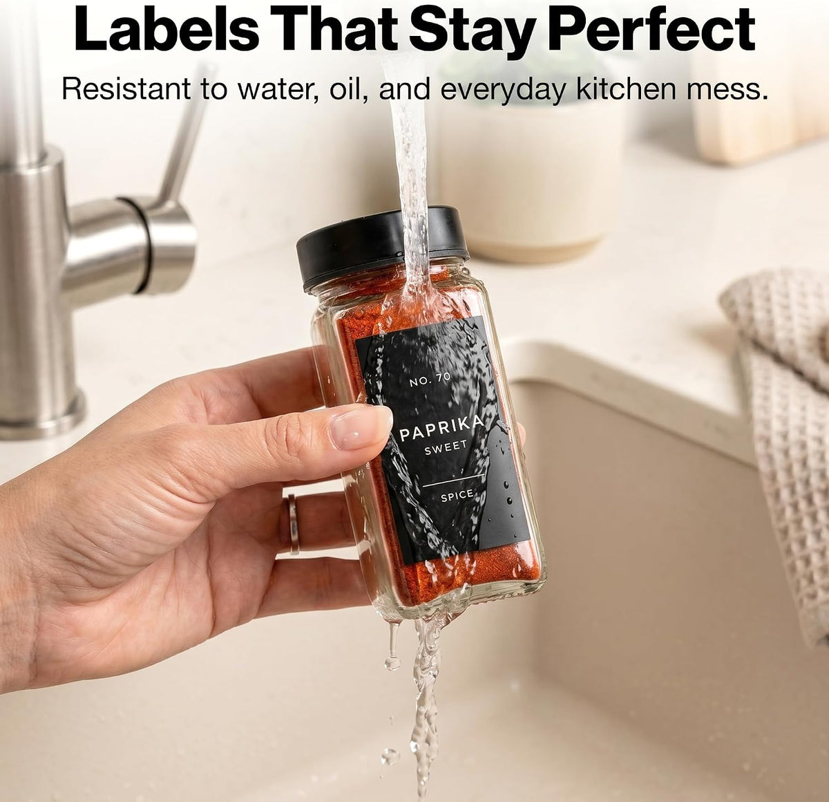 Minimalist Spice Jar Labels Self-Adhesive - 240 Stickers for Spice Jars, Spice Jars & Drawers, Round & Rectangular, Waterproof Spice Organiser Labels for Kitchen Organisation (Black)