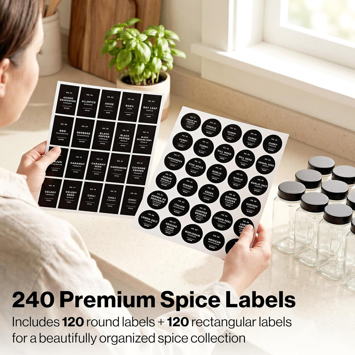 Minimalist Spice Jar Labels Self-Adhesive - 240 Stickers for Spice Jars, Spice Jars & Drawers, Round & Rectangular, Waterproof Spice Organiser Labels for Kitchen Organisation (Black)