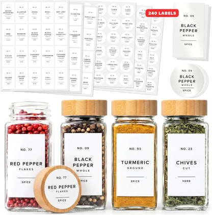 Minimalist Spice Jar Labels Self-Adhesive - 240 Stickers for Spice Jars, Spice Jars & Drawers, Round & Rectangular, Waterproof Spice Organiser Labels for Kitchen Organisation (Black)