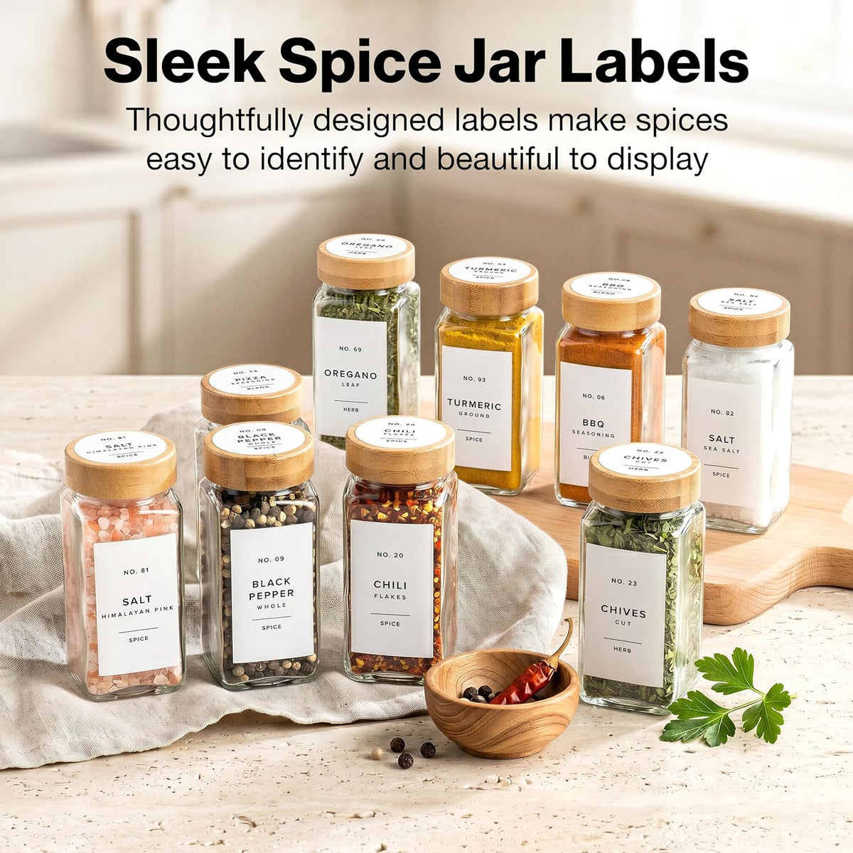 Minimalist Spice Jar Labels Self-Adhesive - 240 Stickers for Spice Jars, Spice Jars & Drawers, Round & Rectangular, Waterproof Spice Organiser Labels for Kitchen Organisation (Black)