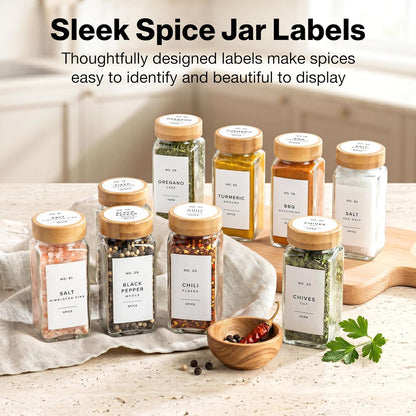 Minimalist Spice Jar Labels Self-Adhesive - 240 Stickers for Spice Jars, Spice Jars & Drawers, Round & Rectangular, Waterproof Spice Organiser Labels for Kitchen Organisation (Black)