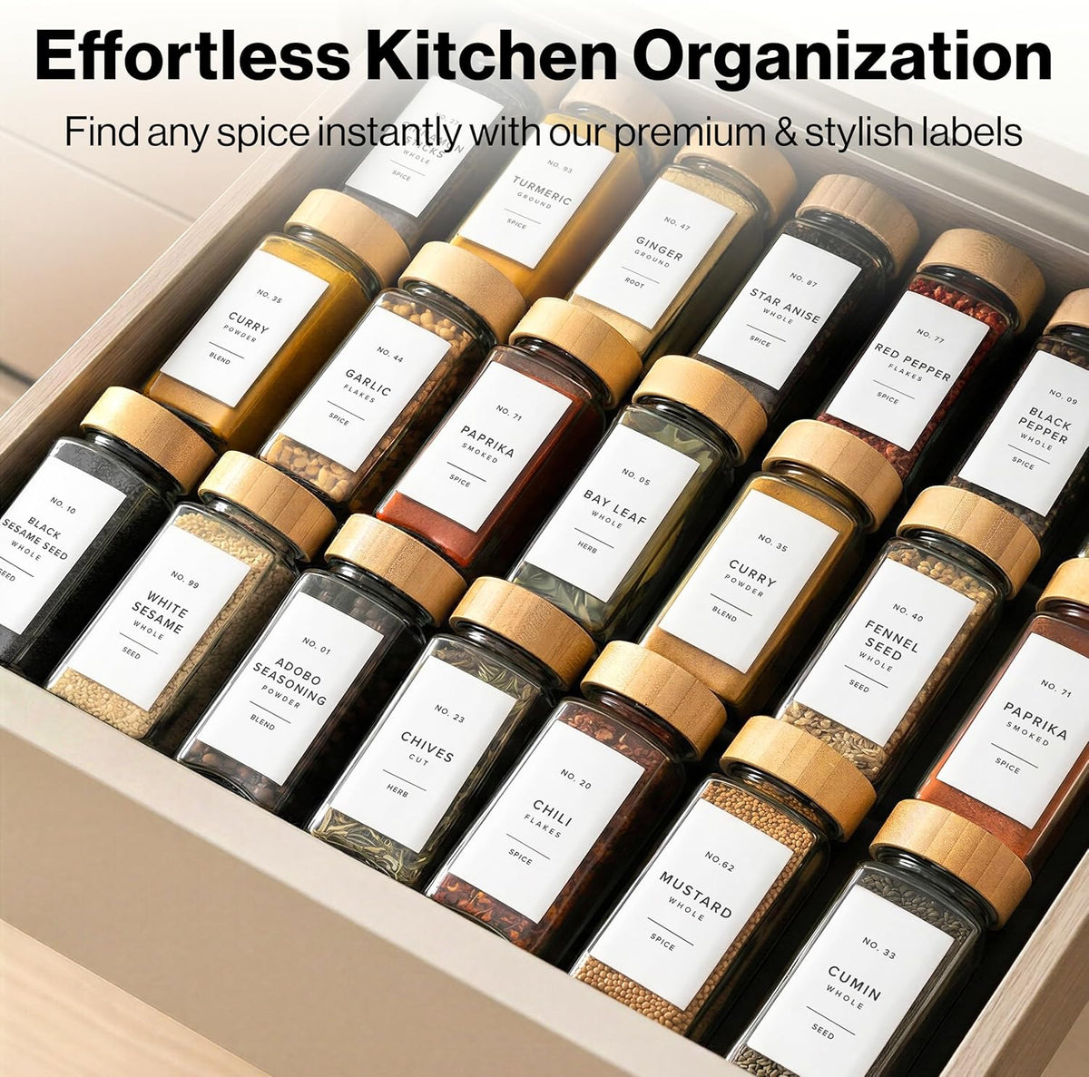Minimalist Spice Jar Labels Self-Adhesive - 240 Stickers for Spice Jars, Spice Jars & Drawers, Round & Rectangular, Waterproof Spice Organiser Labels for Kitchen Organisation (Black)