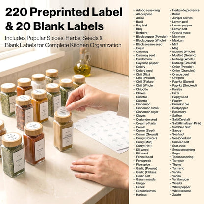 Minimalist Spice Jar Labels Self-Adhesive - 240 Stickers for Spice Jars, Spice Jars & Drawers, Round & Rectangular, Waterproof Spice Organiser Labels for Kitchen Organisation (Black)