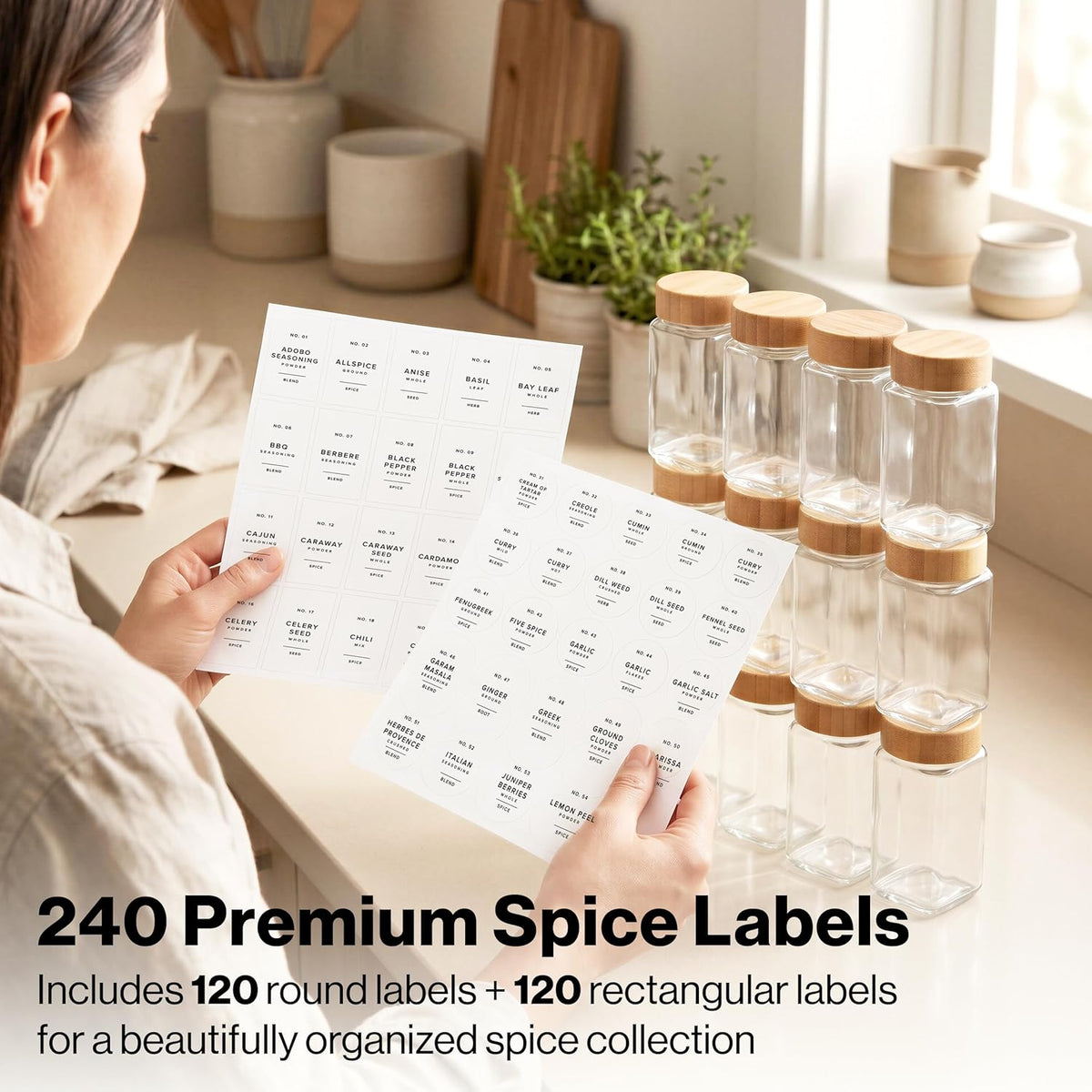 Minimalist Spice Jar Labels Self-Adhesive - 240 Stickers for Spice Jars, Spice Jars & Drawers, Round & Rectangular, Waterproof Spice Organiser Labels for Kitchen Organisation (Black)
